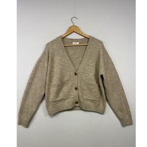 Minimalist MOD REF Womens Med Beige V-Neck Button Front Pocket Cardigan Sweater